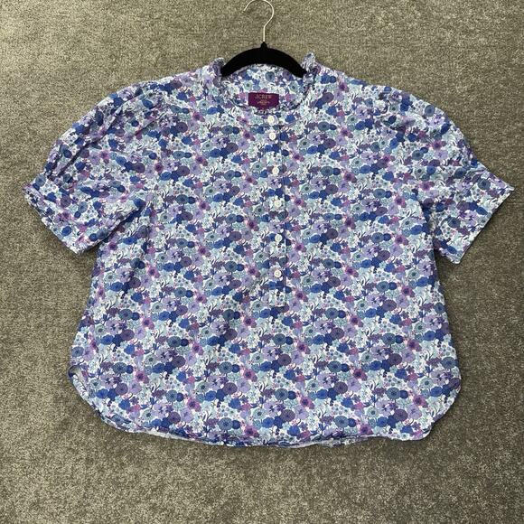 J.Crew Liberty Fabric Floral Puff Sleeve Blouse Womens Size L Blue Purple Ruffle - Picture 1 of 10